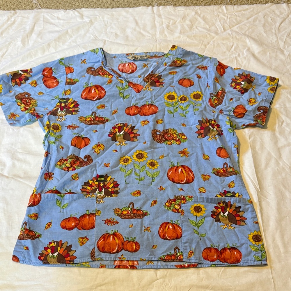 Festive Blue Thanksgiving Scrub Top